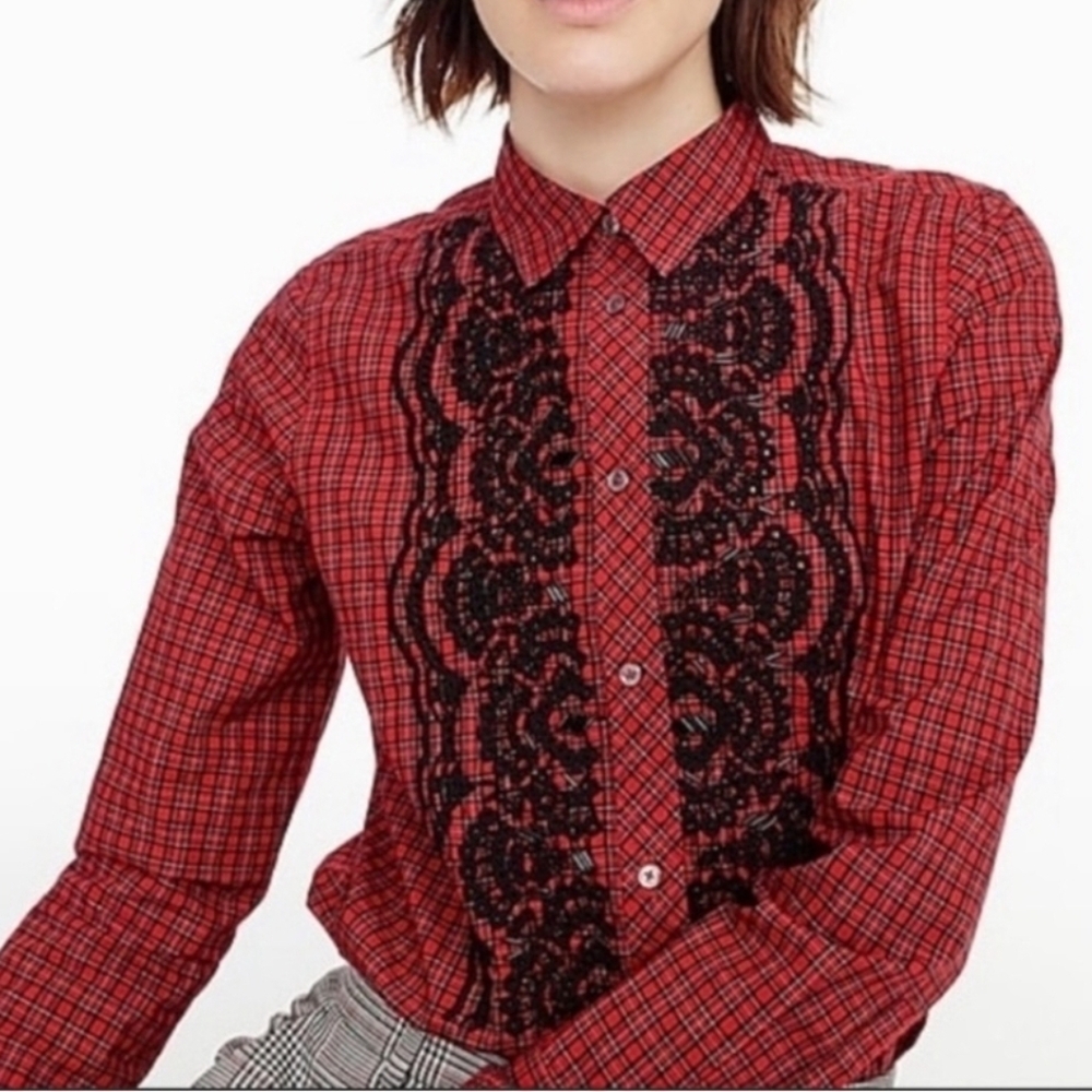 J. Crew Red and Black Lace Detail Shirt